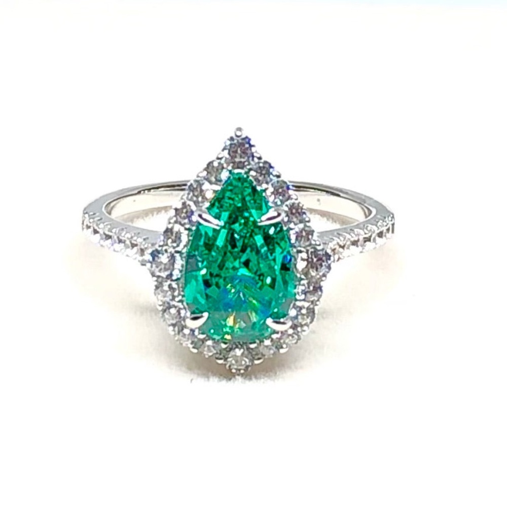 18K Gold Halo 3Ct Pear Blue Green Cubic Zirconia Engagement Ring
